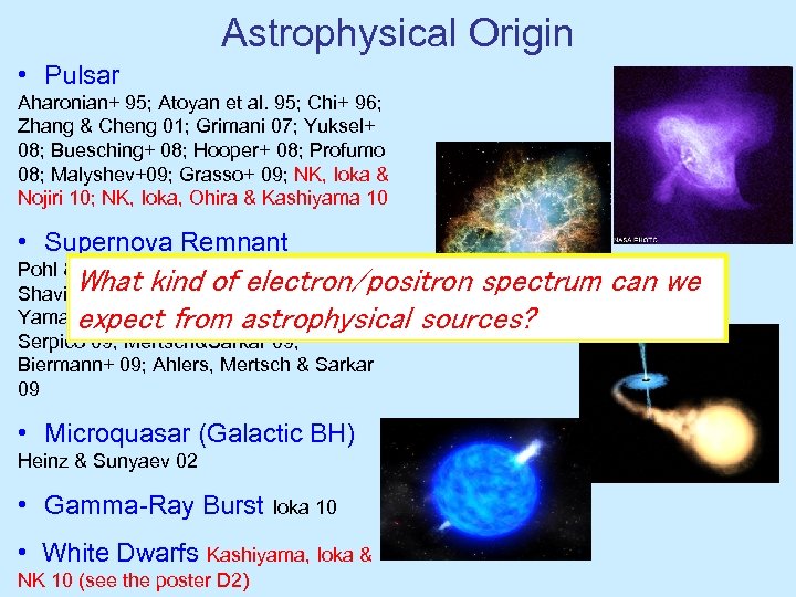 Astrophysical Origin • 　Pulsar Aharonian+ 95; Atoyan et al. 95; Chi+ 96; Zhang &