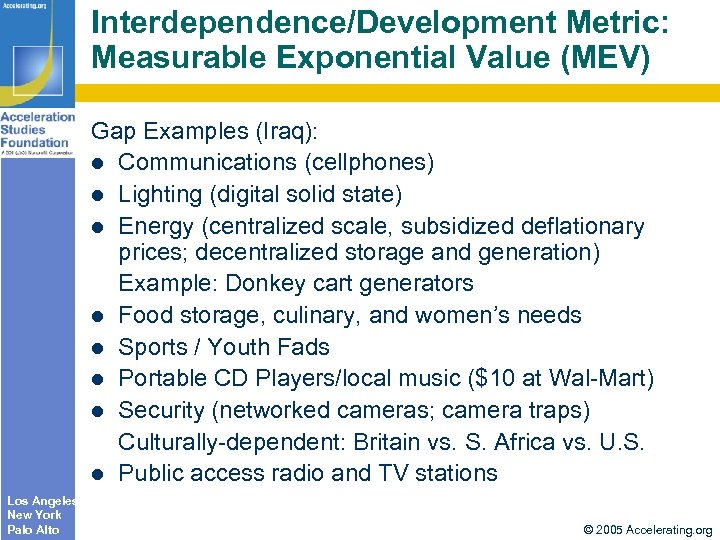 Interdependence/Development Metric: Measurable Exponential Value (MEV) Gap Examples (Iraq): l Communications (cellphones) l Lighting