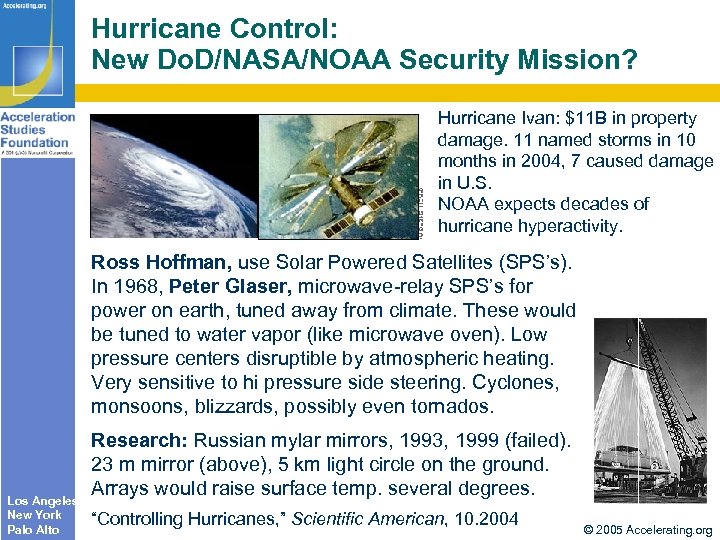 Hurricane Control: New Do. D/NASA/NOAA Security Mission? Hurricane Ivan: $11 B in property damage.