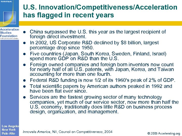 U. S. Innovation/Competitiveness/Acceleration has flagged in recent years l l l l China surpassed