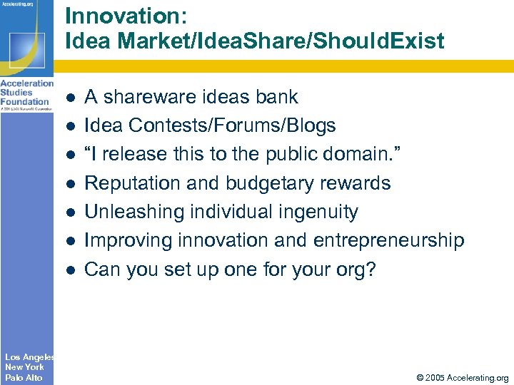 Innovation: Idea Market/Idea. Share/Should. Exist l l l l Los Angeles New York Palo