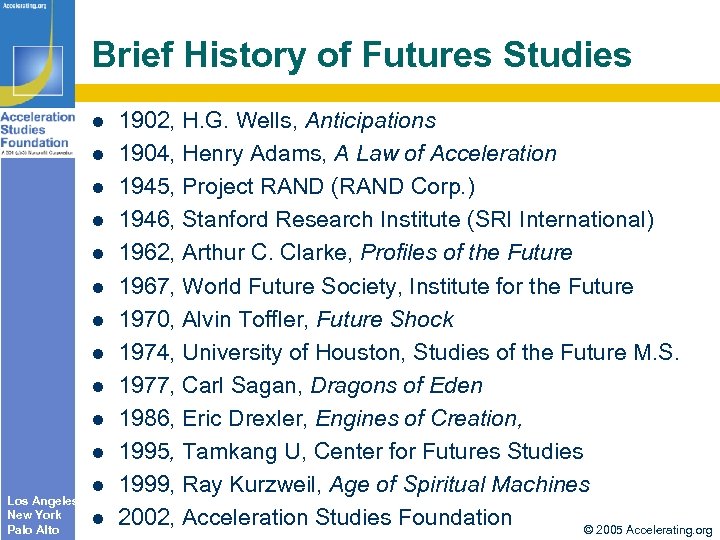 Brief History of Futures Studies l l l Los Angeles New York Palo Alto