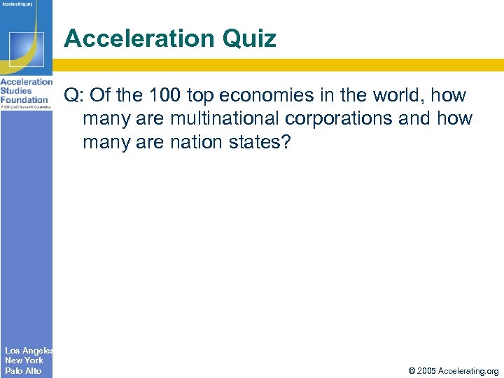 Acceleration Quiz Q: Of the 100 top economies in the world, how many are