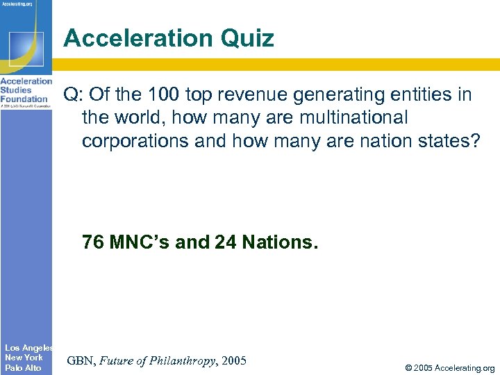 Acceleration Quiz Q: Of the 100 top revenue generating entities in the world, how