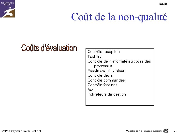 mars 18 Coût de la non-qualité Contrôle réception Test final Contrôle de conformité au
