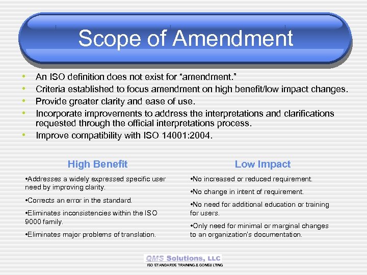 Scope of Amendment • • • An ISO definition does not exist for “amendment.