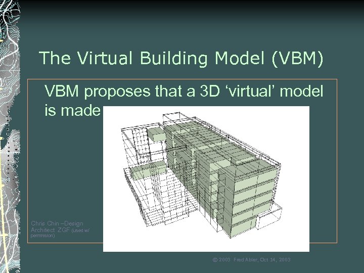 The Virtual Building Model (VBM) VBM proposes that a 3 D ‘virtual’ model is