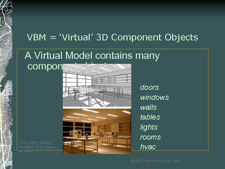 VBM = ‘Virtual’ 3 D Component Objects A Virtual Model contains many component objects