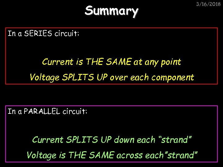 Summary 3/16/2018 In a SERIES circuit: Current is THE SAME at any point Voltage