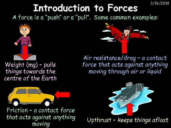 Introduction to Forces 3/16/2018 A force is a “push” or a “pull”. Some common