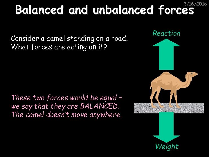 3/16/2018 Balanced and unbalanced forces Consider a camel standing on a road. What forces