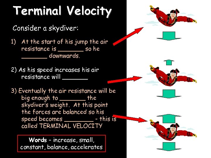 Terminal Velocity Consider a skydiver: 1) At the start of his jump the air