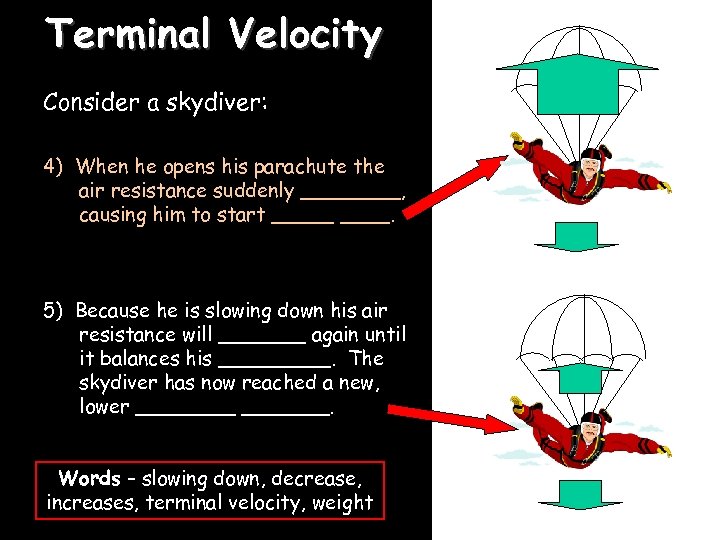 Terminal Velocity Consider a skydiver: 4) When he opens his parachute the air resistance