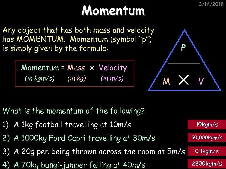 3/16/2018 Momentum Any object that has both mass and velocity has MOMENTUM. Momentum (symbol