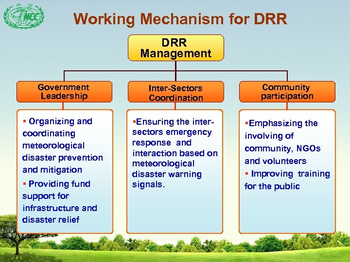 Working Mechanism for DRR Management Government Leadership Inter-Sectors Coordination Community participation § Organizing and