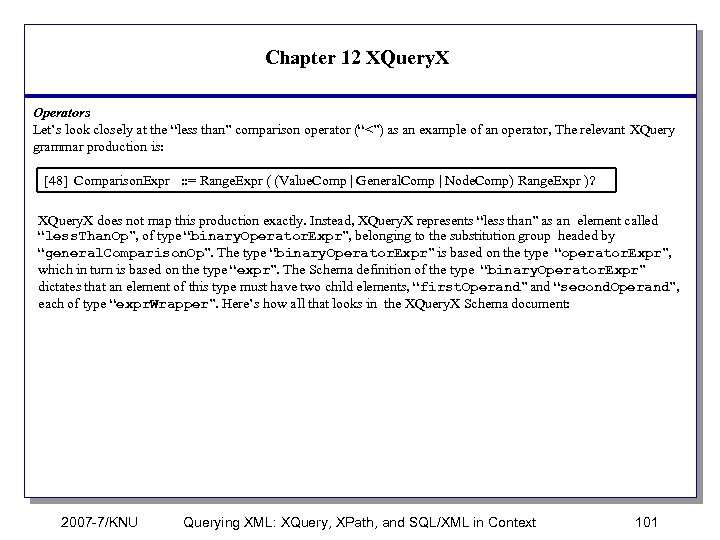 Chapter 12 XQuery. X Operators Let’s look closely at the “less than” comparison operator