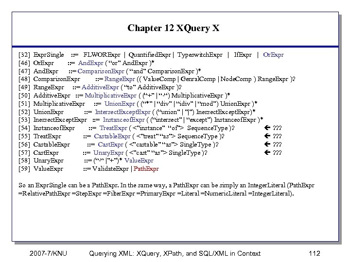 Chapter 12 XQuery X [32] Expr. Single : : = FLWORExpr | Quantified. Expr