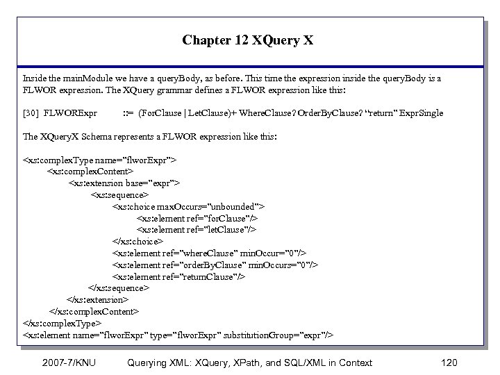 Chapter 12 XQuery X Inside the main. Module we have a query. Body, as