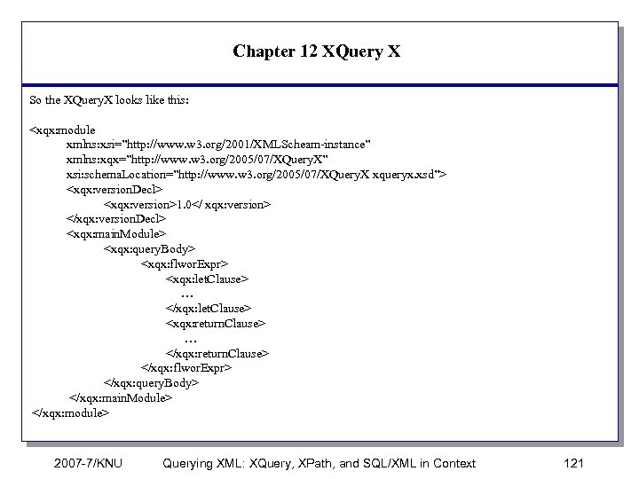 Chapter 12 XQuery X So the XQuery. X looks like this: <xqx: module xmlns:
