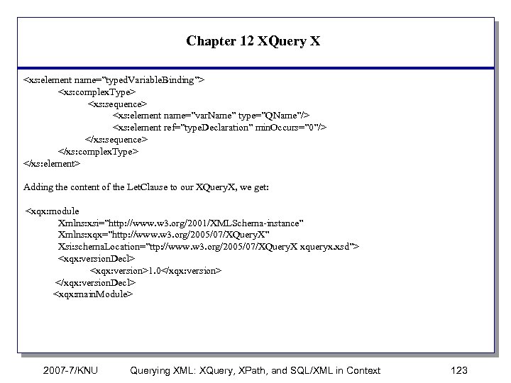 Chapter 12 XQuery X <xs: element name=”typed. Variable. Binding”> <xs: complex. Type> <xs: sequence>