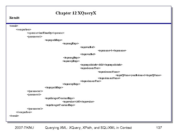 Chapter 12 XQuery. X Result: <result> <comparison> <operator>less. Than. Op</operator> <parameter 1> <xqx: path.