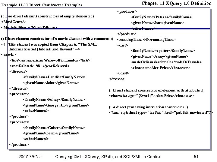 Example 11 -11 Direct Constructor Examples Chapter 11 XQuery 1. 0 Definition <producer> (: