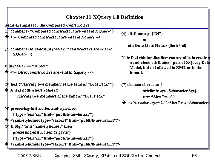 Chapter 11 XQuery 1. 0 Definition Some examples for the Computed Constructors (1) comment