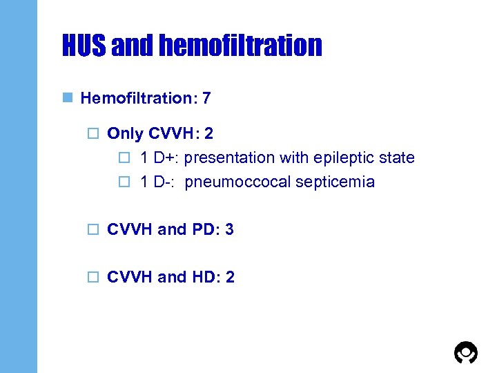 HUS and hemofiltration n Hemofiltration: 7 o Only CVVH: 2 o 1 D+: presentation