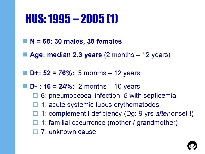 HUS: 1995 – 2005 (1) n N = 68: 30 males, 38 females n