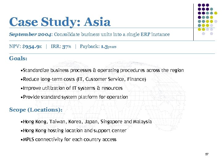 Case Study: Asia September 2004: Consolidate business units into a single ERP instance NPV: