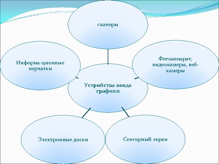 сканеры Фотоаппарат, видеокамеры, вебкамеры Информа-ционные перчатки Устройства ввода графики Электронные доски Сенсорный экран 