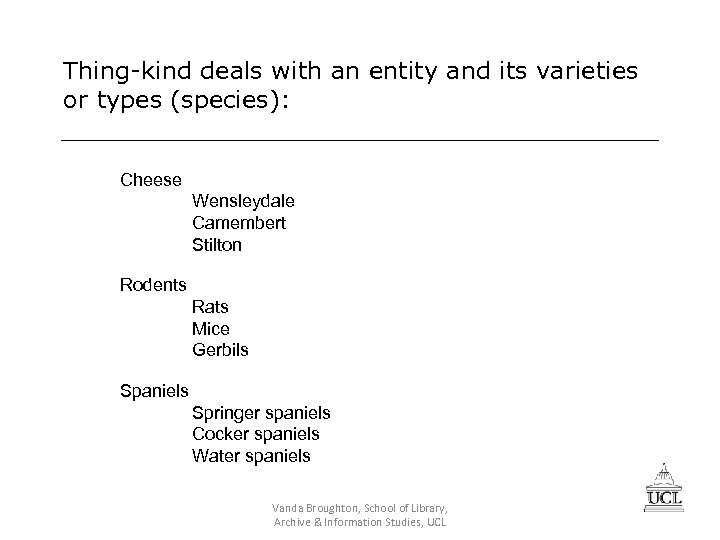 Thing-kind deals with an entity and its varieties or types (species): Cheese Wensleydale Camembert