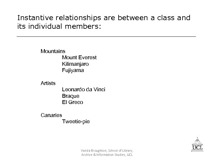 Instantive relationships are between a class and its individual members: Mountains Mount Everest Kilimanjaro