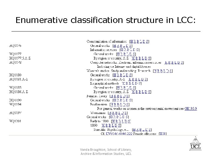 Enumerative classification structure in LCC: Vanda Broughton, School of Library, Archive & Information Studies,