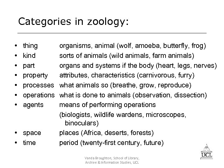 Categories in zoology: • • thing kind part property processes operations agents • space