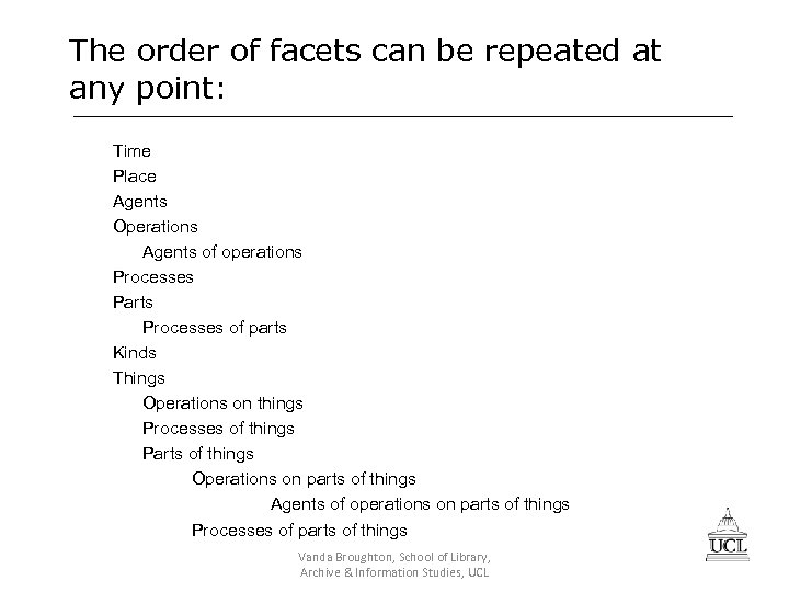 The order of facets can be repeated at any point: Time Place Agents Operations