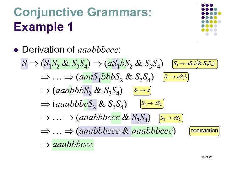 Conjunctive Grammars: Example 1 l Derivation of aaabbbccc: → a. S S (S 1