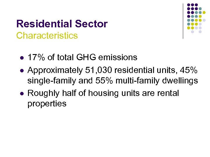 Residential Sector Characteristics l l l 17% of total GHG emissions Approximately 51, 030