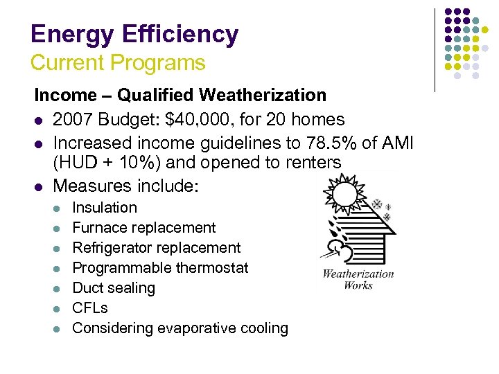 Energy Efficiency Current Programs Income – Qualified Weatherization l 2007 Budget: $40, 000, for