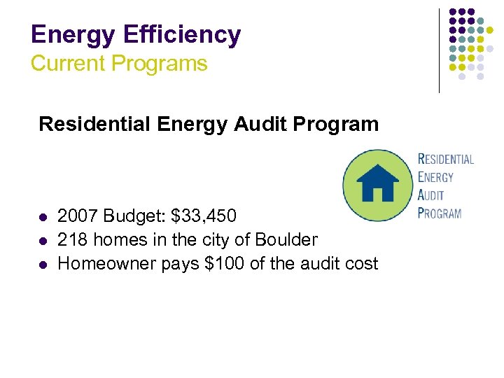 Energy Efficiency Current Programs Residential Energy Audit Program l l l 2007 Budget: $33,