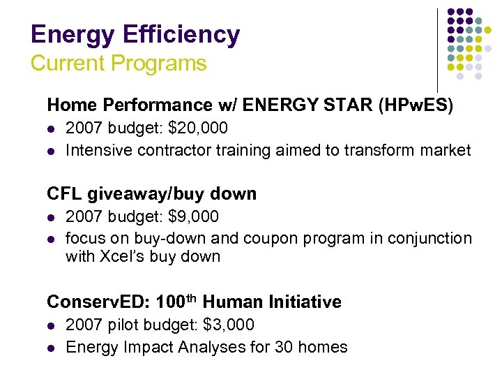 Energy Efficiency Current Programs Home Performance w/ ENERGY STAR (HPw. ES) l l 2007