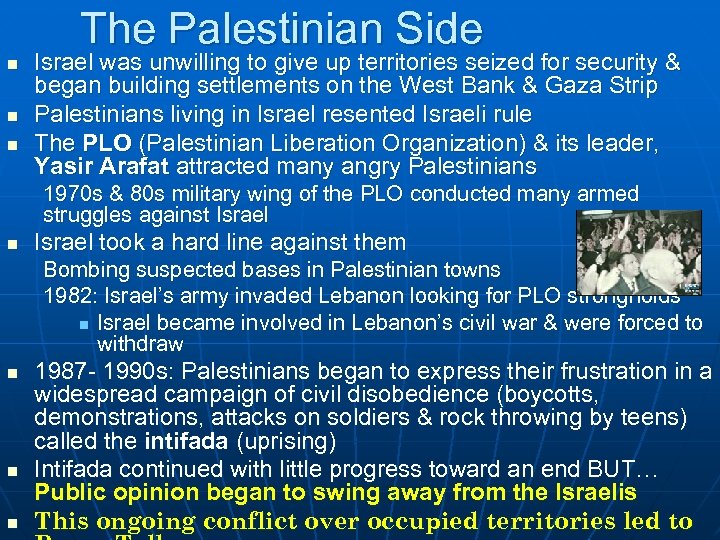 The Palestinian Side n n n Israel was unwilling to give up territories seized