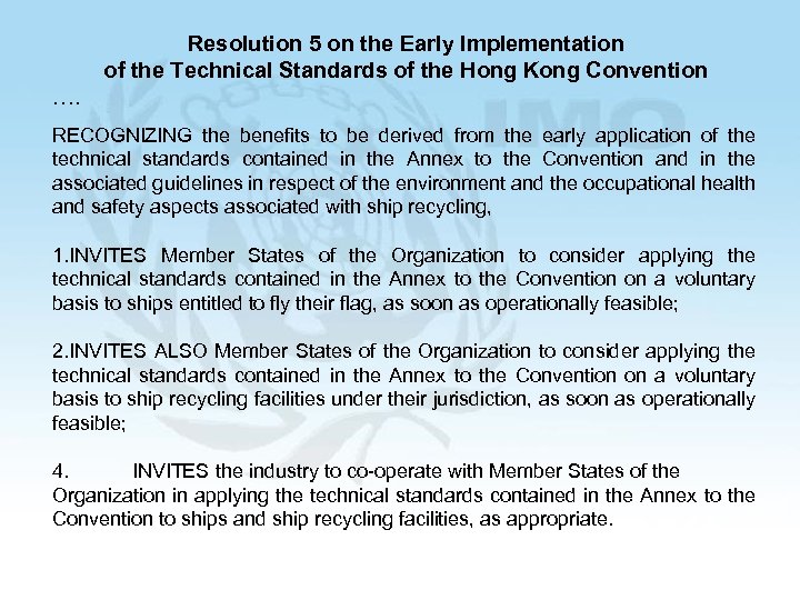 Resolution 5 on the Early Implementation of the Technical Standards of the Hong Kong