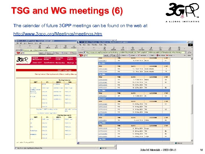TSG and WG meetings (6) The calendar of future 3 GPP meetings can be
