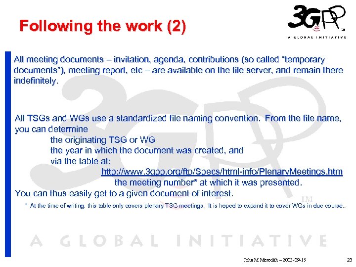 Following the work (2) All meeting documents – invitation, agenda, contributions (so called “temporary