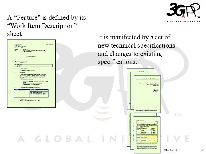 A “Feature” is defined by its “Work Item Description” sheet. It is manifested by