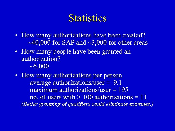 Statistics • How many authorizations have been created? ~40, 000 for SAP and ~3,