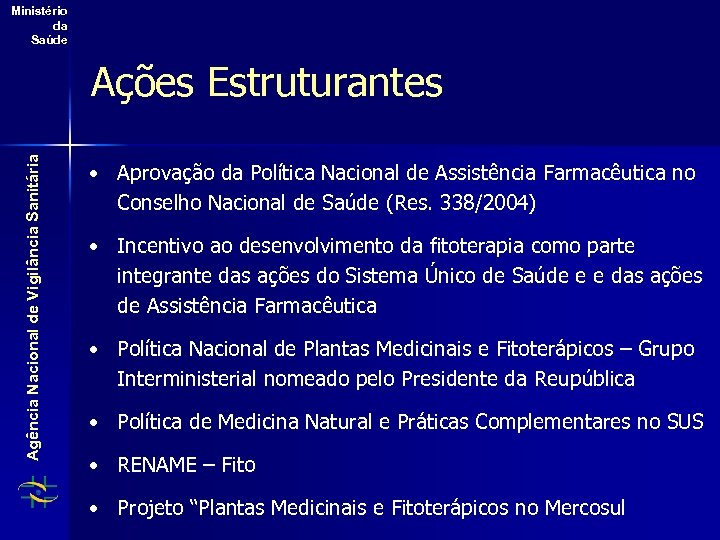 Ministério da Saúde Agência Nacional de Vigilância Sanitária Ações Estruturantes • Aprovação da Política