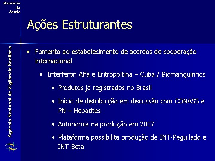 Ministério da Saúde Agência Nacional de Vigilância Sanitária Ações Estruturantes • Fomento ao estabelecimento