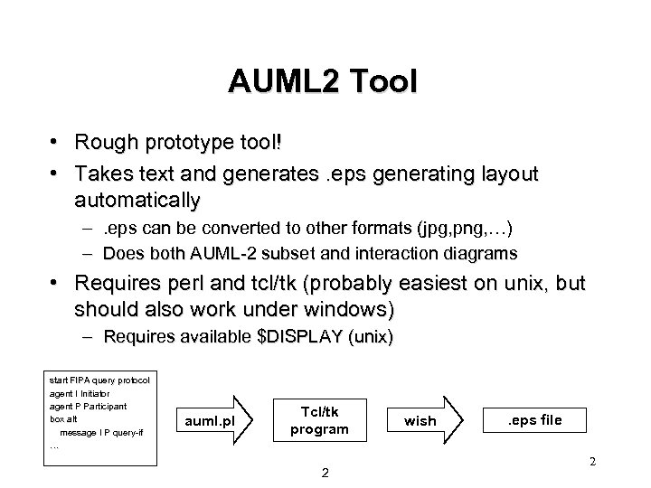 AUML 2 Tool • Rough prototype tool! • Takes text and generates. eps generating